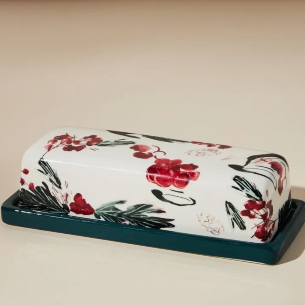 NEW NWT Anthropologie Holly And Pear Butter Dish Red Green Holiday - Picture 2 of 4